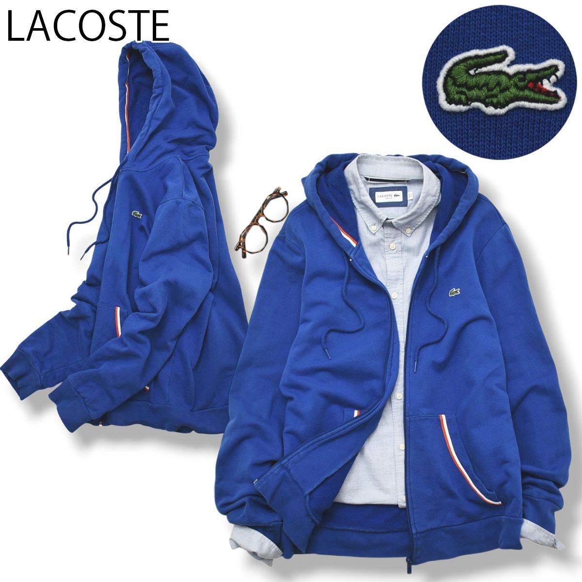 ラコステ LACOSTE スリム フィット SLIM FIT ジップ パーカー フーディー スウェット トレーナー ワニ ロゴ 裏地 パイル 5 ブルー ストリート フレンチ カジュアル メンズ