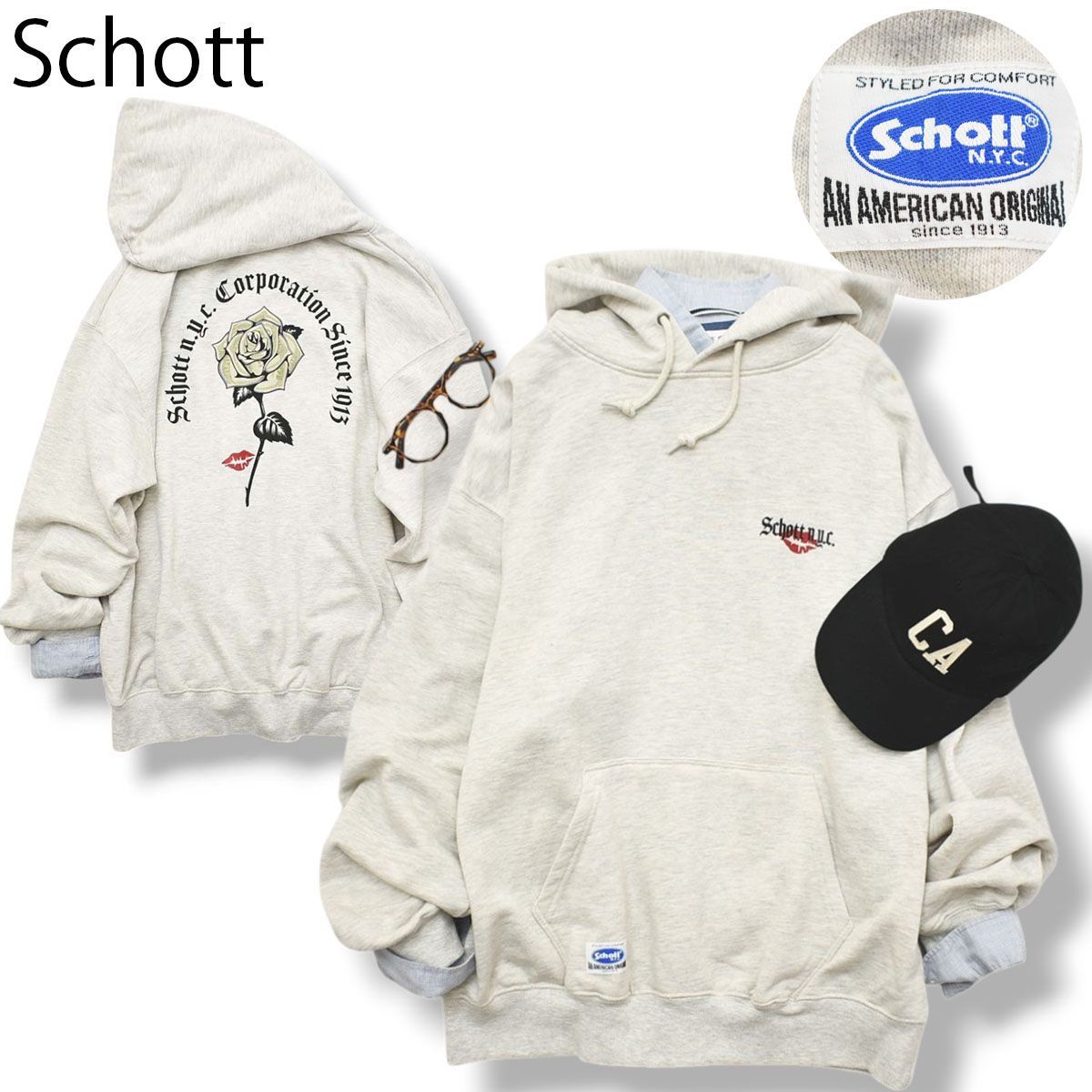 ショット Schott ダラー ローズ ロゴ プリント パーカー フーディー スウェット トレーナー 裏地 パイル ヘビーウェイト 14oz L グレー ストリート アメカジ メンズ 8,850円