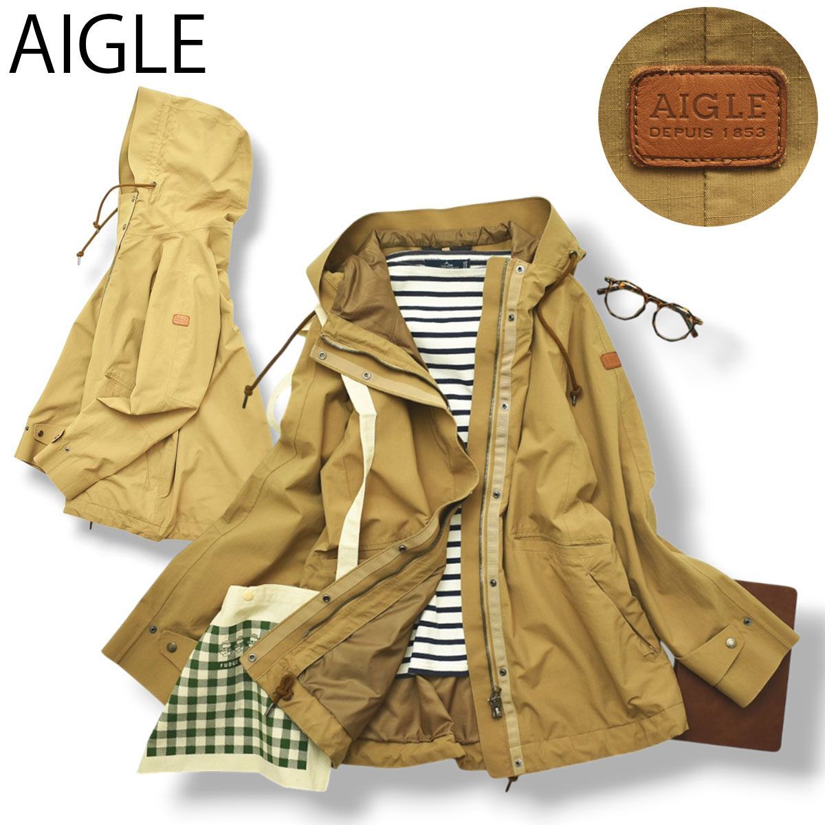 エーグル AIGLE リップストップ ナイロン マウンテン パーカー ウィンド ジャケット ジャンパー 36 ベージュ アウトドア カジュアル ウェア タウンユース レジャー レディース ♪