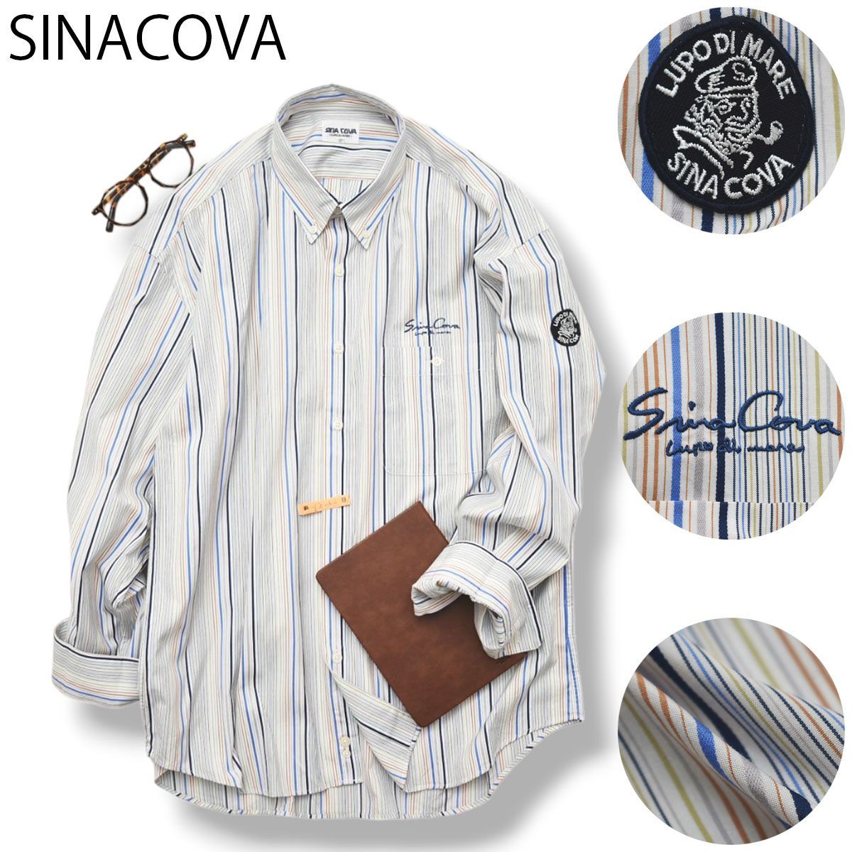 日本製 シナコバ SINACOVA 長袖 ボタンダウン コットン シャツ シングルポケット ラウンドヘム ロゴ デザイン LL ストライプ柄 マルチカラー シティールック マリン カジュアル メンズ