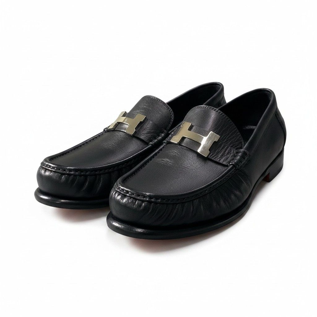 【美品】 HERMES エルメス モカシン カルロ シェーヴル パリバックル サイズ43 ブラック レザー メンズ 紳士靴k02i