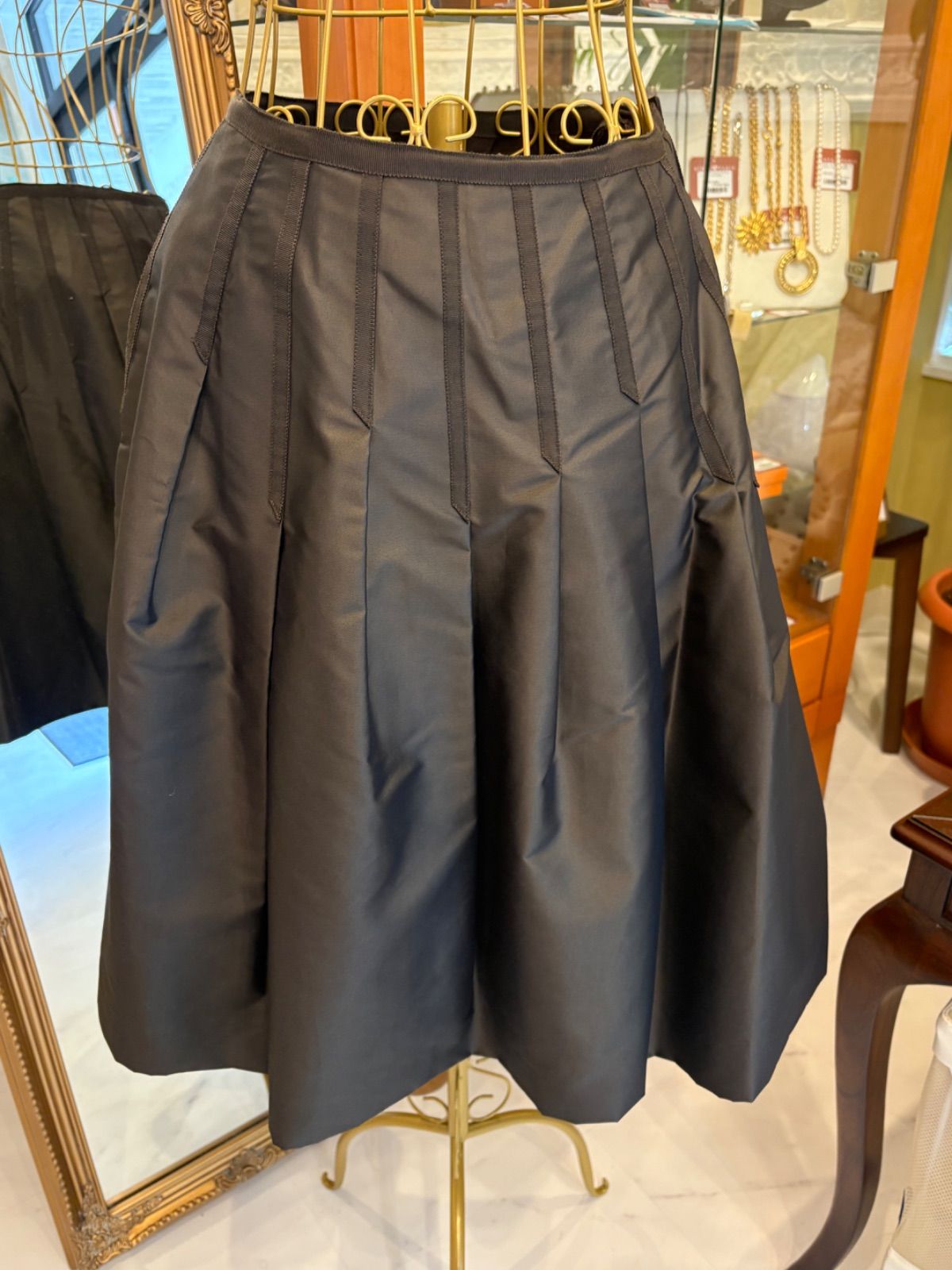 【極美品】FOXEY BOUTIQUE シルク100% フレアスカート 40 ダークブラウン フォクシー グログランリボン 日本製