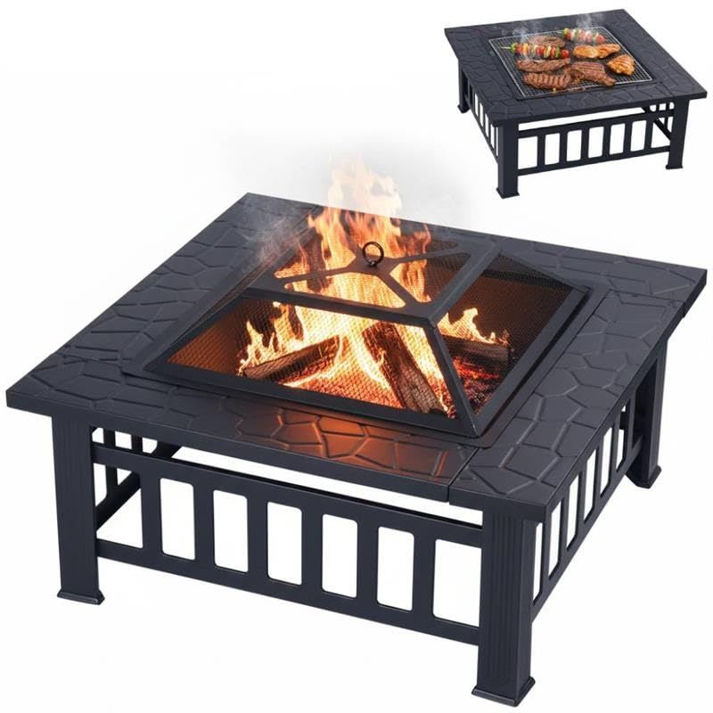 Bonarca ファイヤーピット fire pit 大型 卓上 焚き火台【幅約81cm】 焚火 蓋付き 屋外 テーブル 網 囲炉裏 囲炉裏テーブル 灰 キャンプ グリル バーベキュー コンロ 炭 薪 ストーブ 暖炉 四角 キャンプ アウトドア 8cfc03b1