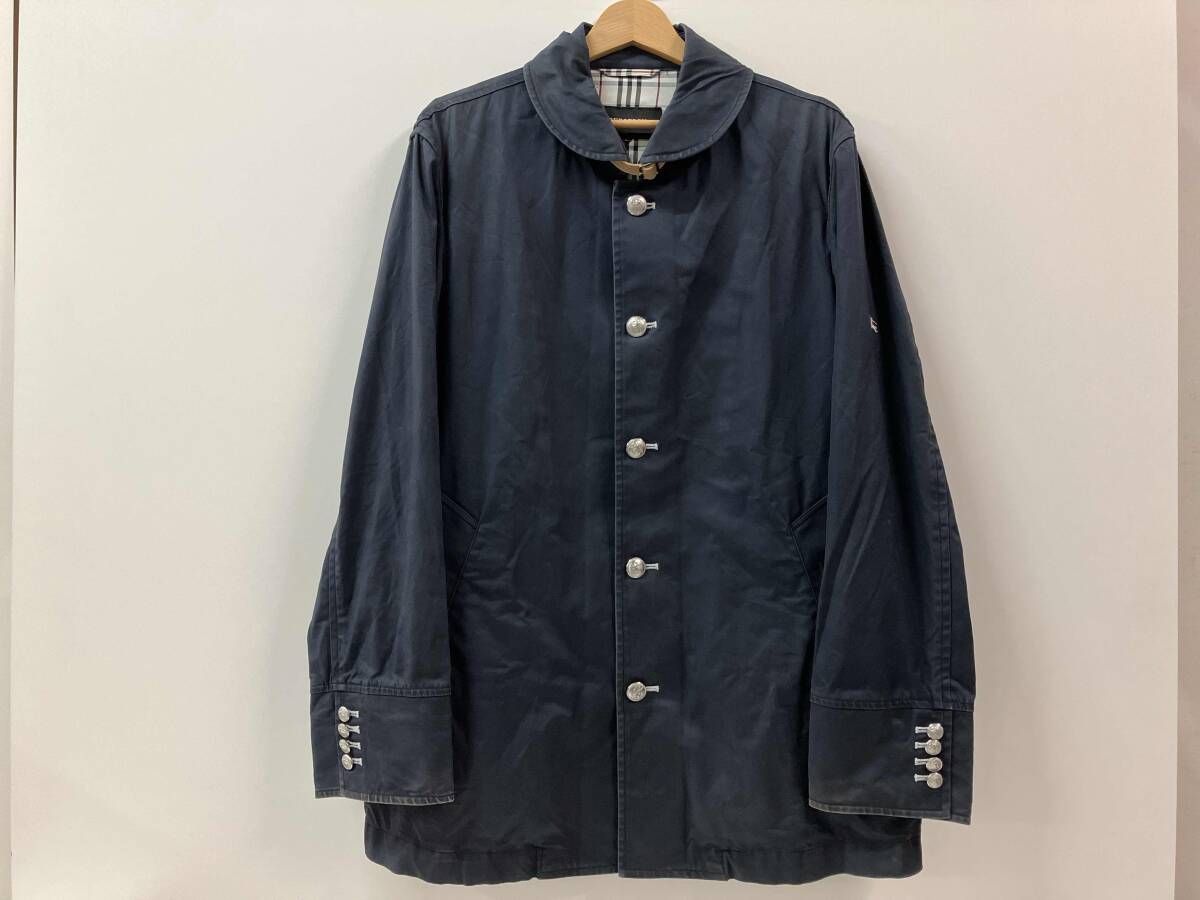 BURBERRY BLACK LABEL BMP53-805-29 丸襟コート チンスト メンズ Lサイズ ネイビー 裏地ノバチェック 銀釦