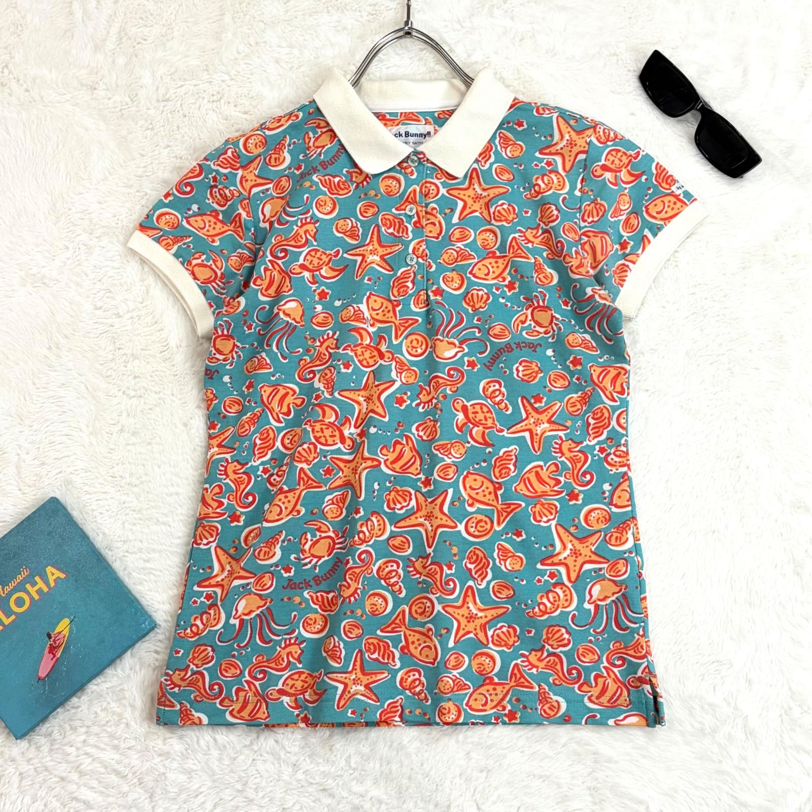 Jack Bunny ジャックバニー パーリーゲイツ ゴルフウェア 半袖 ポロシャツ 魚 貝 総柄 レディース