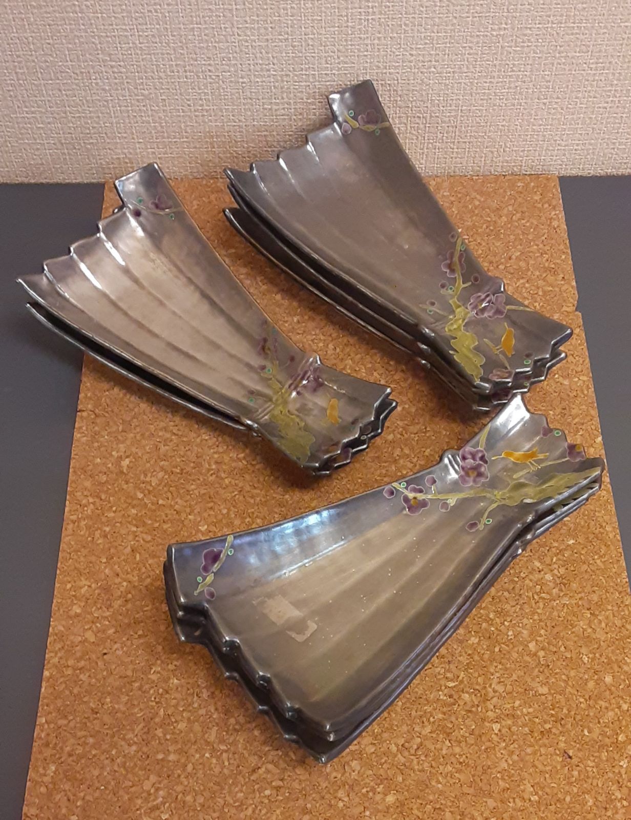 京都清水焼　銀彩「扇型花鳥向付」8枚セット　皿　銘々皿 16,500円