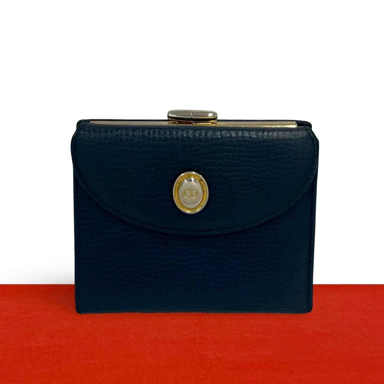 極 美品 Christian Dior クリスチャンディオール ヴィンテージ CD ロゴ 金具 レザー 本革 がま口 二つ折り 財布 ウォレット ネイビー 34424