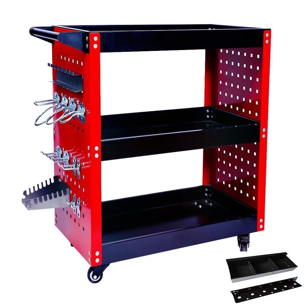 ツールワゴン ツールカート 工具ワゴン 工具カート 3段 ドライバーホルダー キャスター付 耐荷重180KG 側面プレート ハンドル付 360度回転 移動 DIY ガレージ 工具台車 工具収納 小物ボックスts 4c2518c8