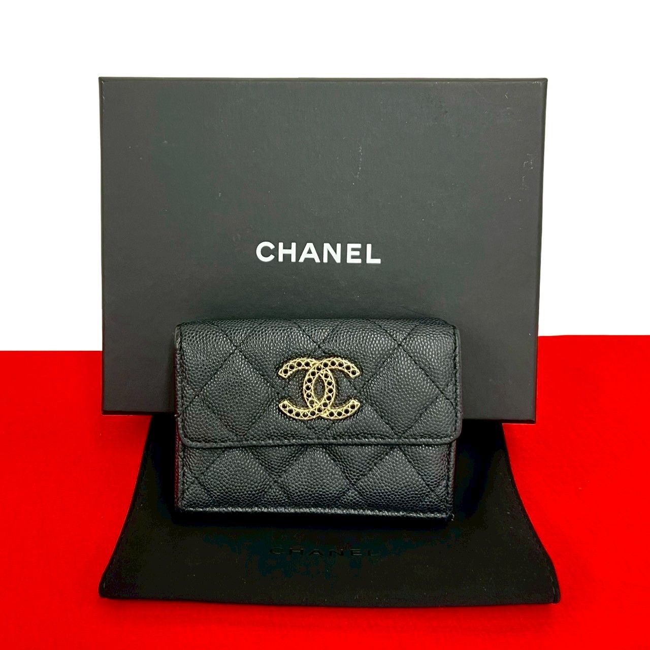 極 美品 箱 袋付き シール有 CHANEL シャネル マトラッセ ココマーク キャビアスキン 三つ折り 財布 コンパクト ウォレット ブラック 190-3