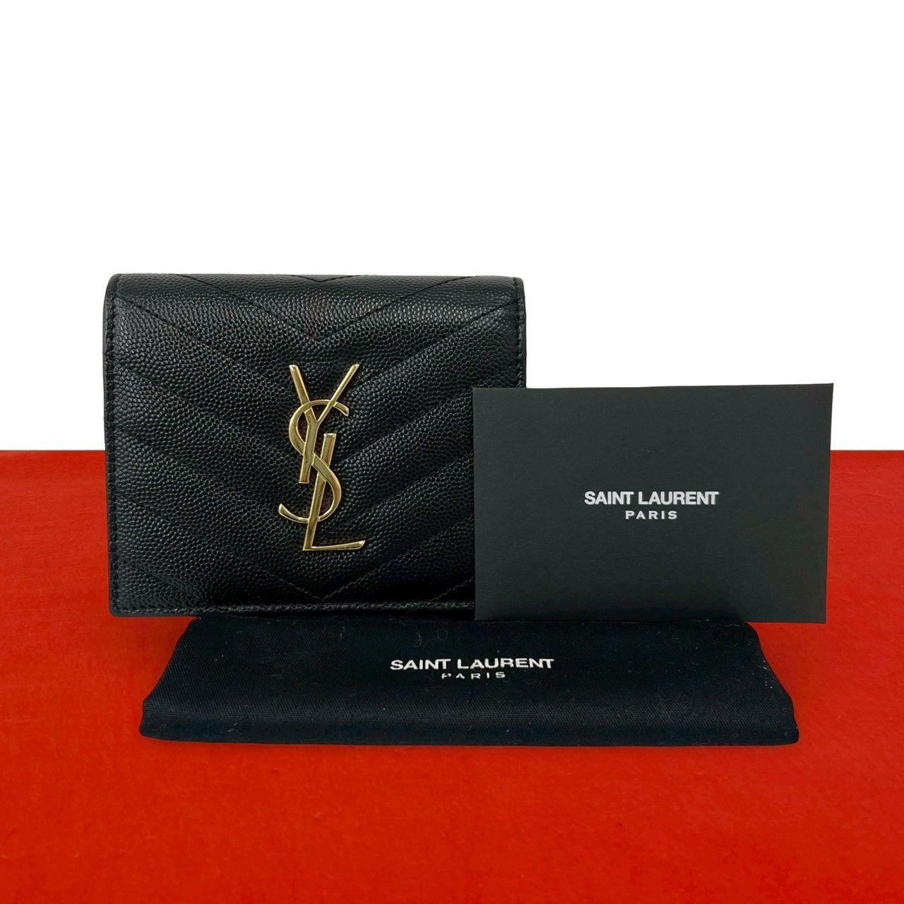 極 美品 袋付き SAINT LAURENT PARIS サンローランパリ YSL ロゴ 金具 レザー 本革 三つ折り 財布 ウォレット ブラック 黒 75220