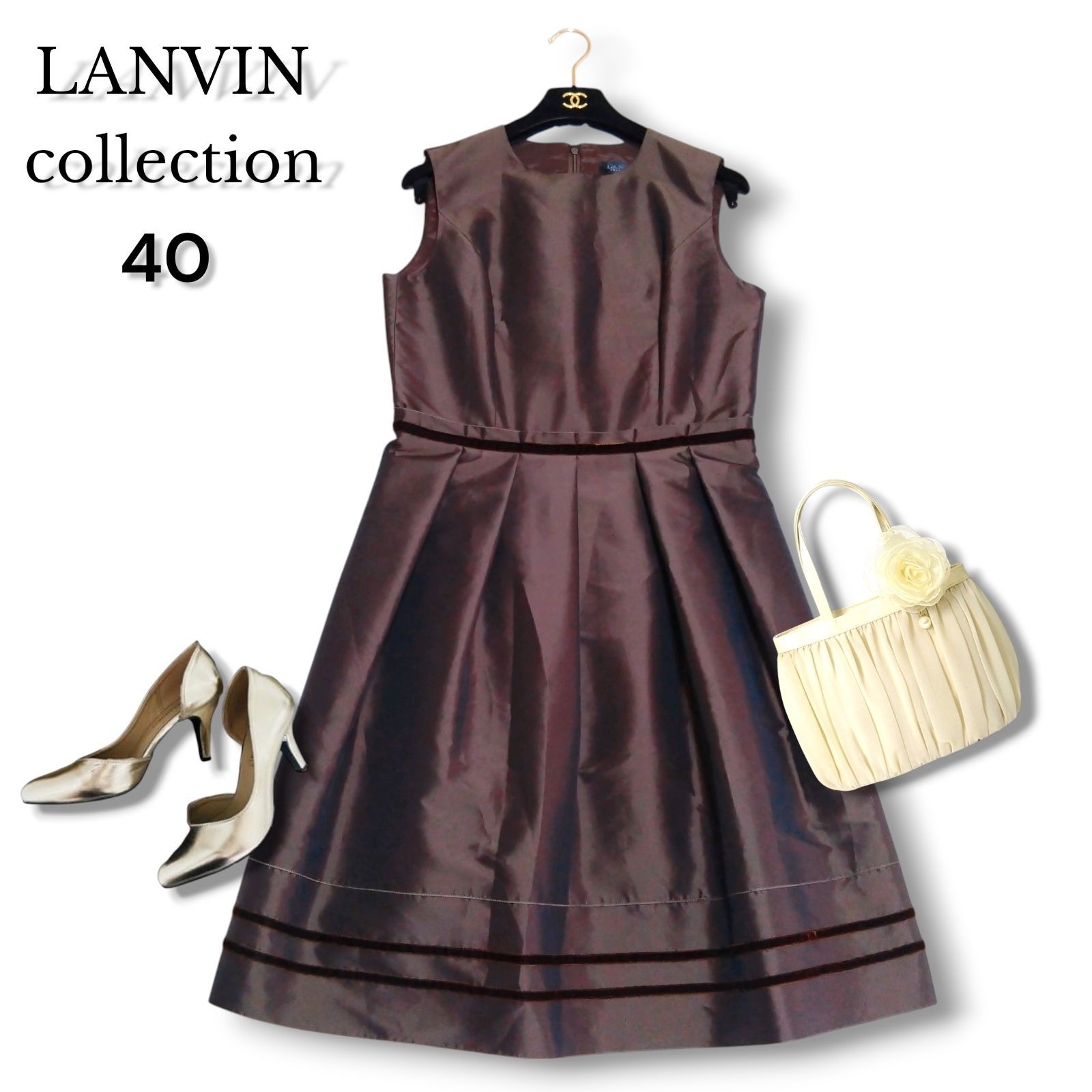 LANVIN collection ワンピース 40 フォーマル ドレス フレア ノースリーブ 光沢感　プリーツ　上品 高級感　ランバンコレクション　L オケージョンドレス　パーティー　結婚式　セレモニー 日本製　高級　イタリア製生地