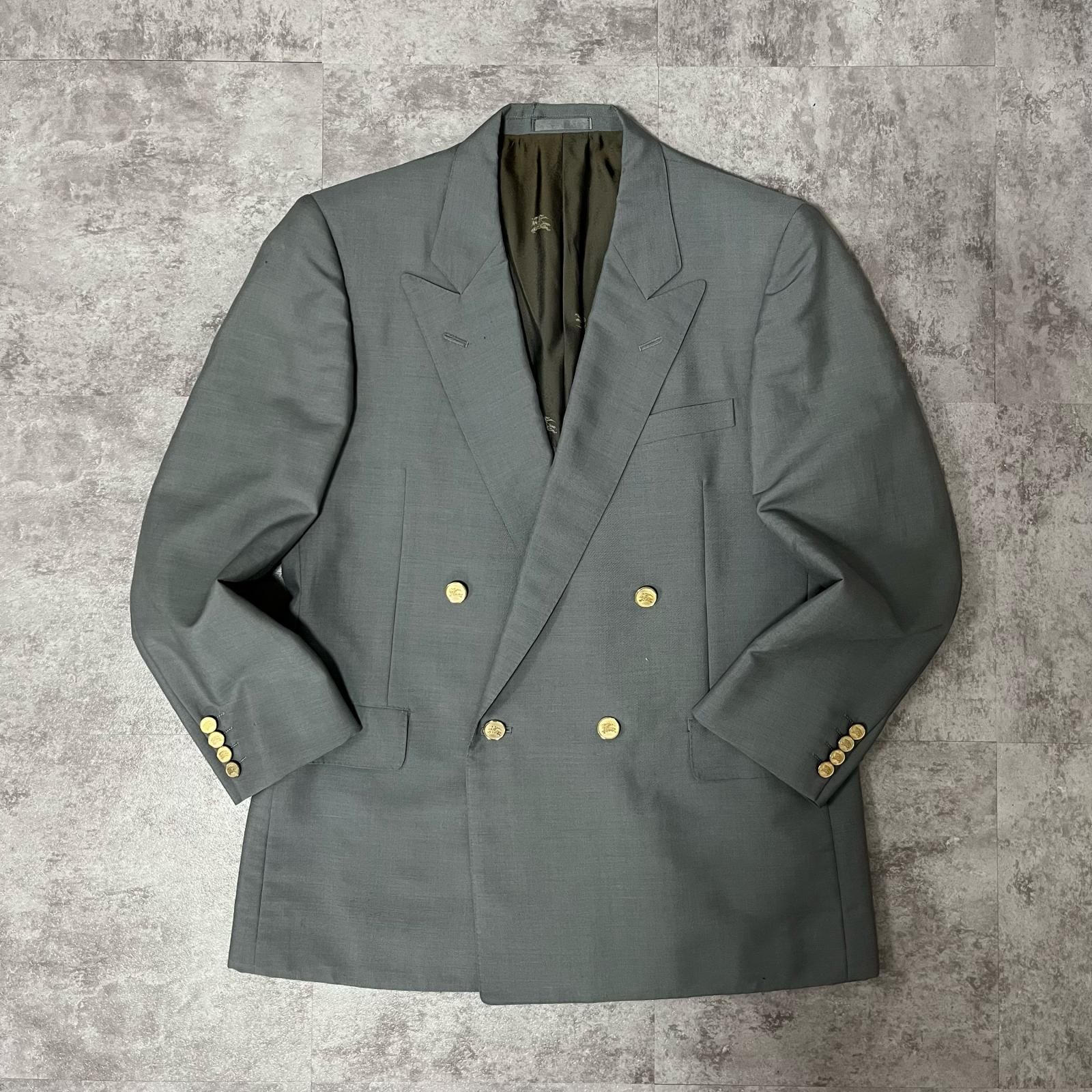【BURBERRY】ダブルブレスト テーラードジャケット 金ボタン ホースロゴ グレー カーキ クラシック メンズ　2B　サイドベント