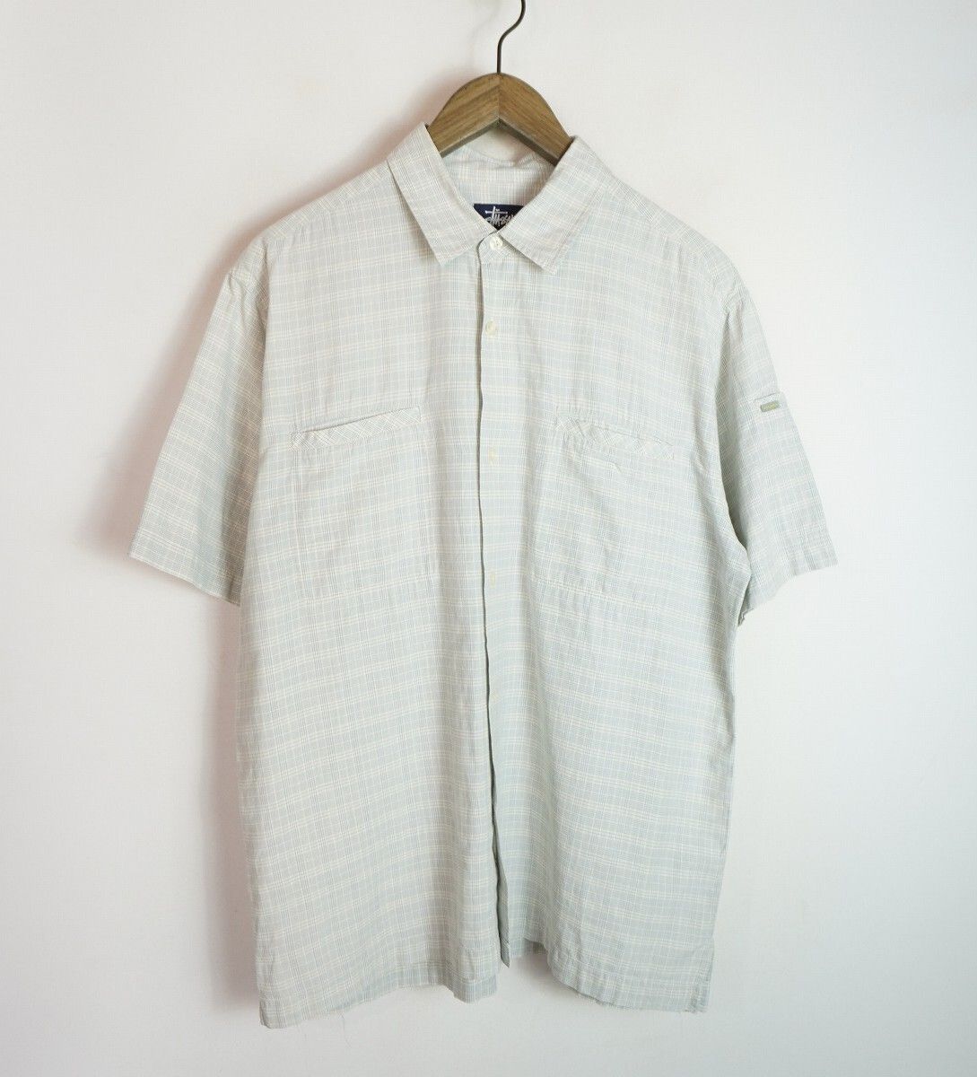 正規 90s 00s OLD STUSSY ステューシー 半袖 チェック 腕 ポケット コットン シャツ 紺タグ ビンテージ 灰 サイズ M 本物 2880Q★2