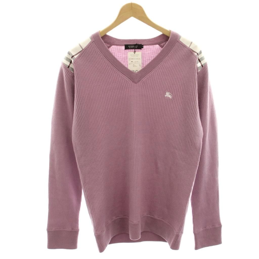 バーバリーブラックレーベル BURBERRY BLACK LABEL タグ付き ニット セーター ウール ワッフル生地 長袖 チェック切替 3 紫 パープル BMT01-109-34 /HN