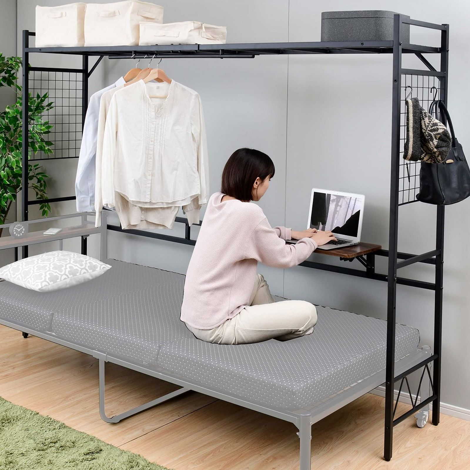 BSR-2318T(BR/BK) 一人暮らし ブラック 組立品 幅231×奥行47.5×高さ177㎝ 収納 デスク (テーブル・ハンガーバー・上棚付き) ベッドサイドラック ヘッドボード 山善(YAMAZEN)