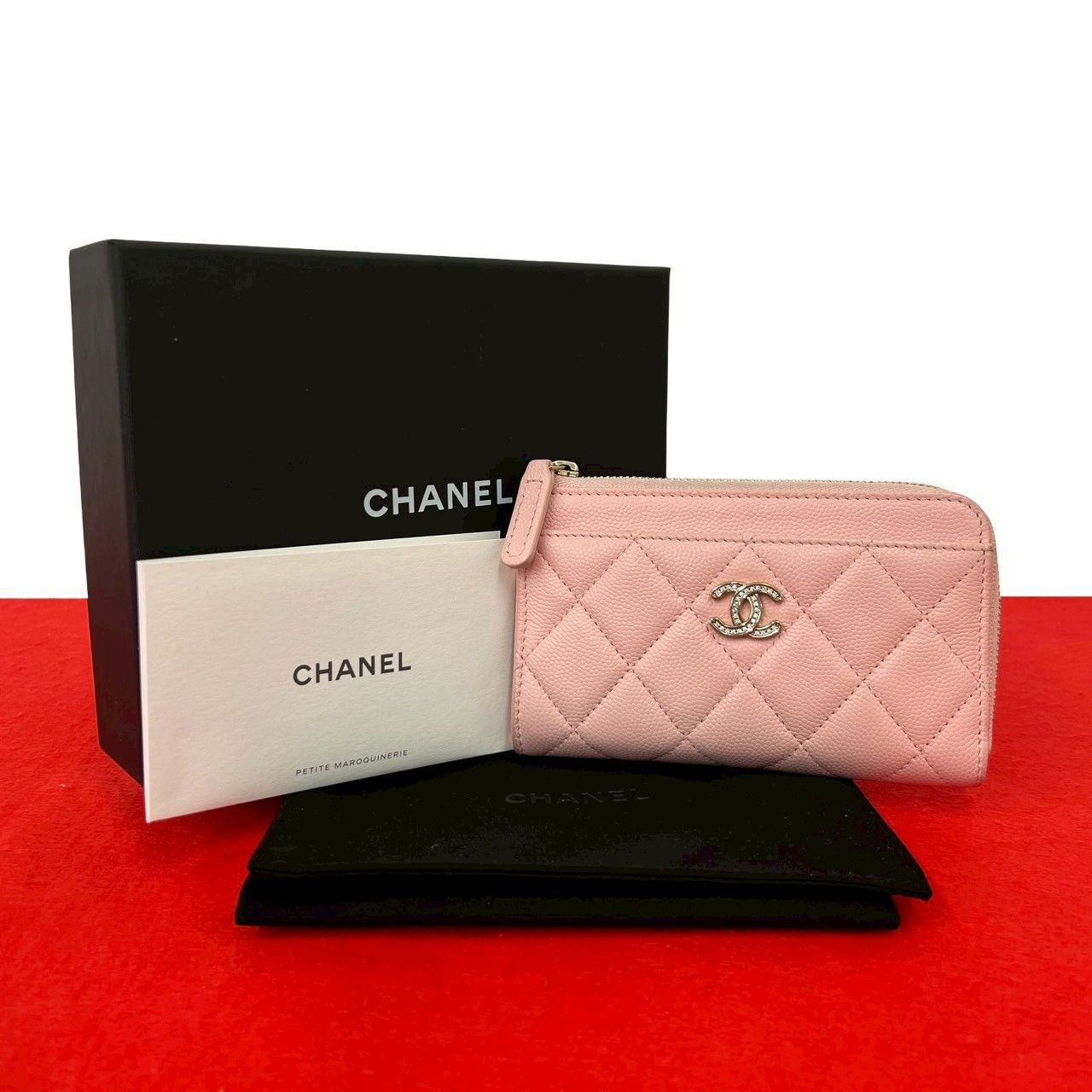 極 美品 箱付 シール有 CHANEL シャネル フラグメントケース マトラッセ ココマーク キャビアスキン コインケース パスケース ピンク 35375