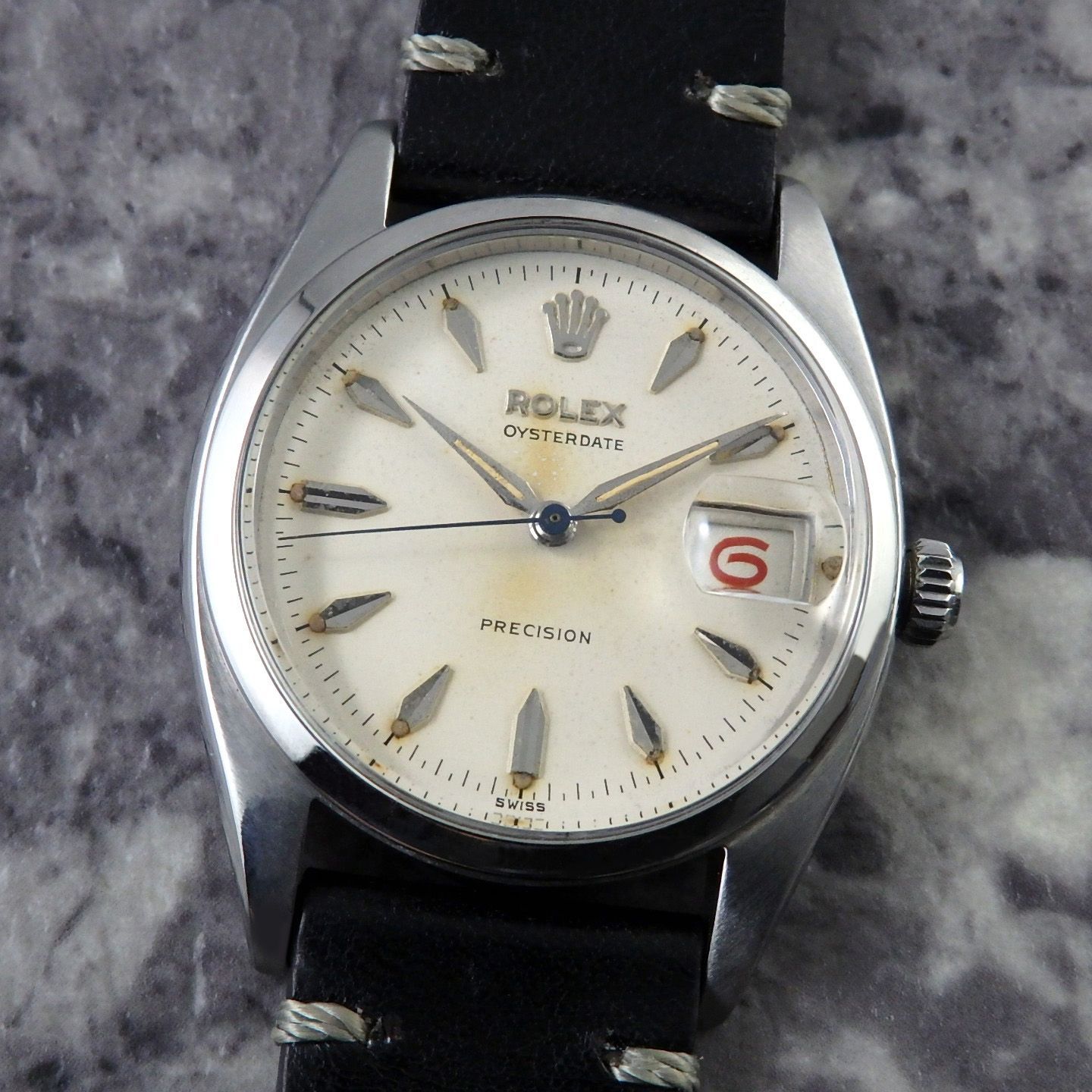 ロレックス オイスターデイト Ref.6494 赤黒 カレンダー VINTAGE クサビ アルファハンド ブルースチール秒針 ルーレットデイト ヴィンテージ ROLEX アンティークウォッチ 1956年製