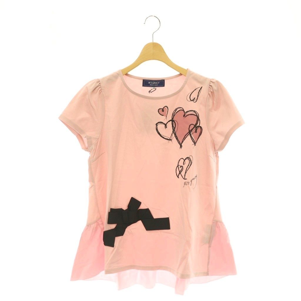 エムズグレイシー M'S GRACY ハート リボン 半袖 カットソー Tシャツ 40 ピンク /NR ■OS