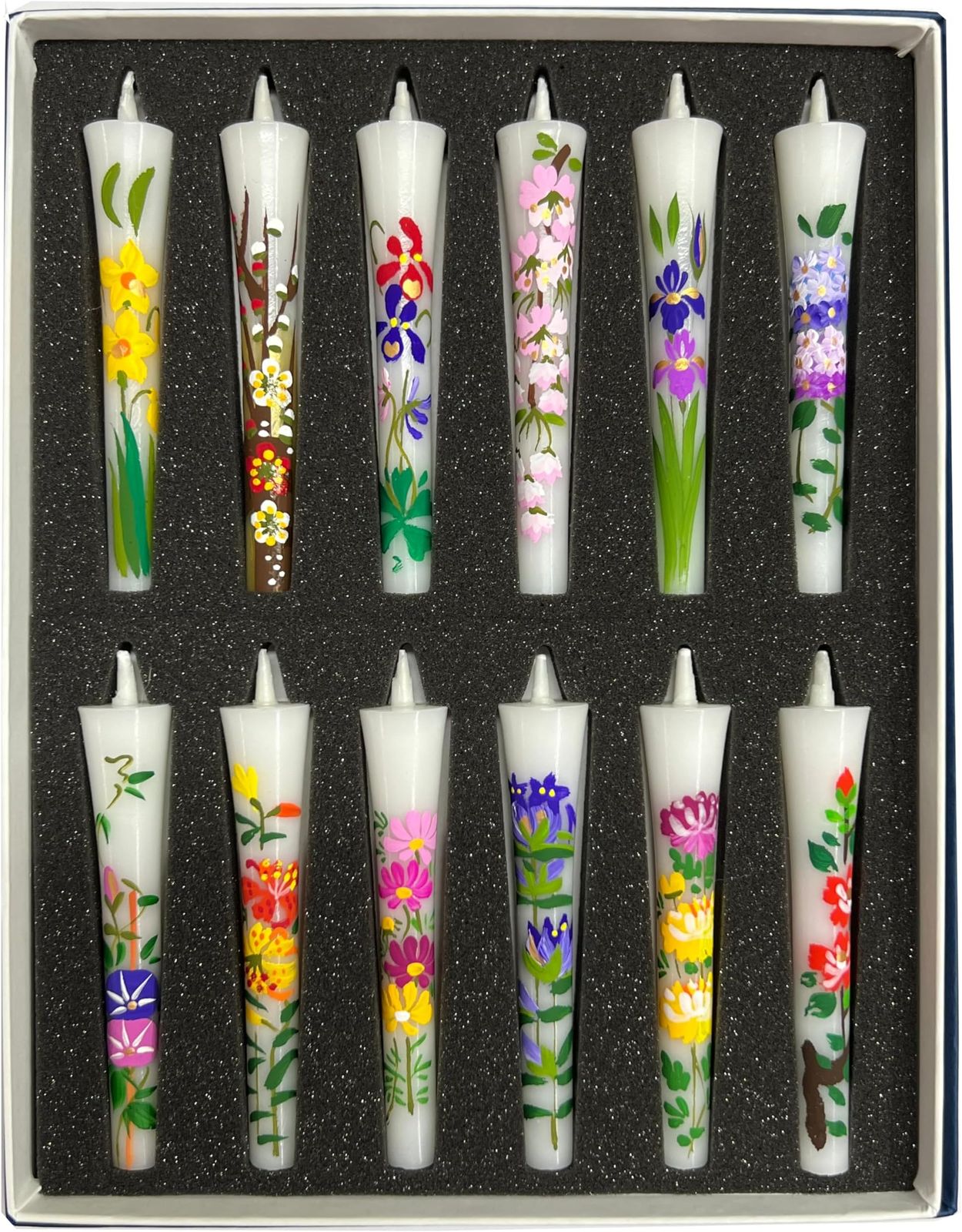 （御供 のし付き 包装品）Awaji Baikundoの手書き絵ろうそく 12本入りセット 四季の花 手描き お花 花ろうそく 和ろうそく 絵蝋燭 12ヶ月 お