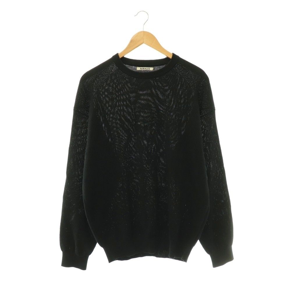 オーラリー AURALEE FLAT YARN RIB KNIT P/O クルーネックニット セーター 透かし編み プルオーバー 5 黒 A25SP01SY /CX ■OS ■SH