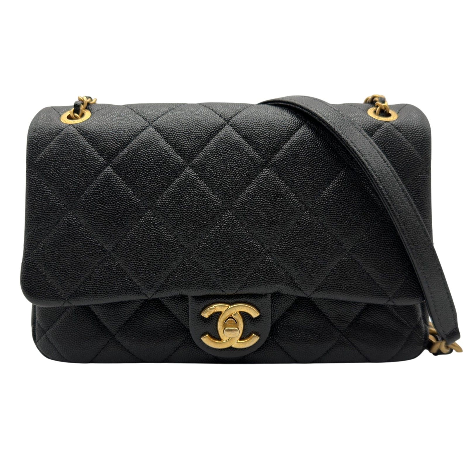 シャネル CHANEL マトラッセ スモールフラップバッグ ブラック ゴールド金具 キャビアスキン レディース ショルダーバッグ