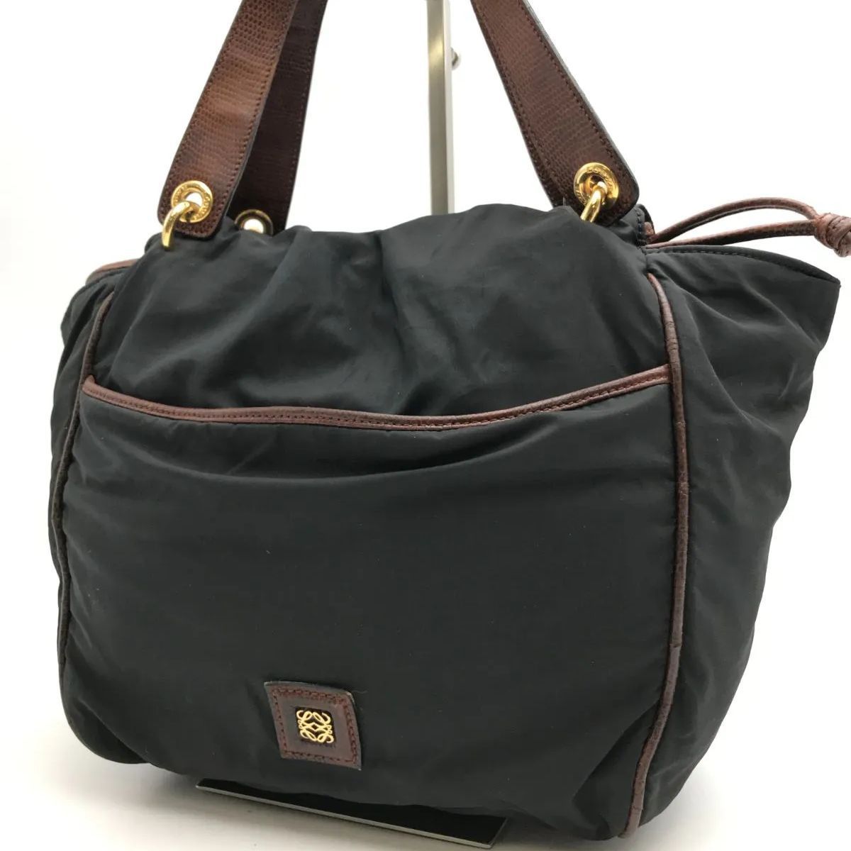LOEWE　ロエベ　トートバッグ　ミニ　アナグラム　ナイロン×レザー　ブラック×ブラウン系　1786