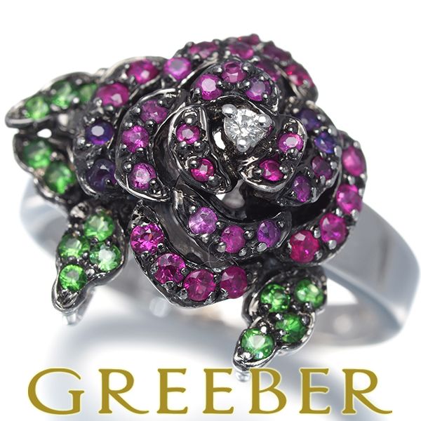 ルビー 0.60ct ダイヤ ダイヤモンド グリーンガーネット 薔薇 リング K18WG/ブラックコーティング #194055