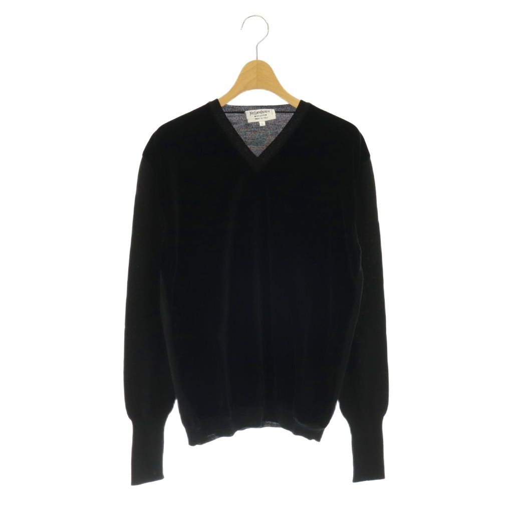 イヴサンローランリヴゴーシュ YVES SAINT LAURENT rive gauche ベロア切替 Vネックニット セーター ウール 長袖 S 黒 ブラック /HS ■OS