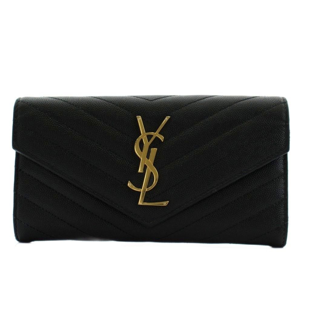 サンローラン パリ SAINT LAURENT PARIS YSLロゴ カサンドラロゴ Vステッチ 長財布 小銭入れ レザー 黒 ブラック /AN11 ●D ■OH
