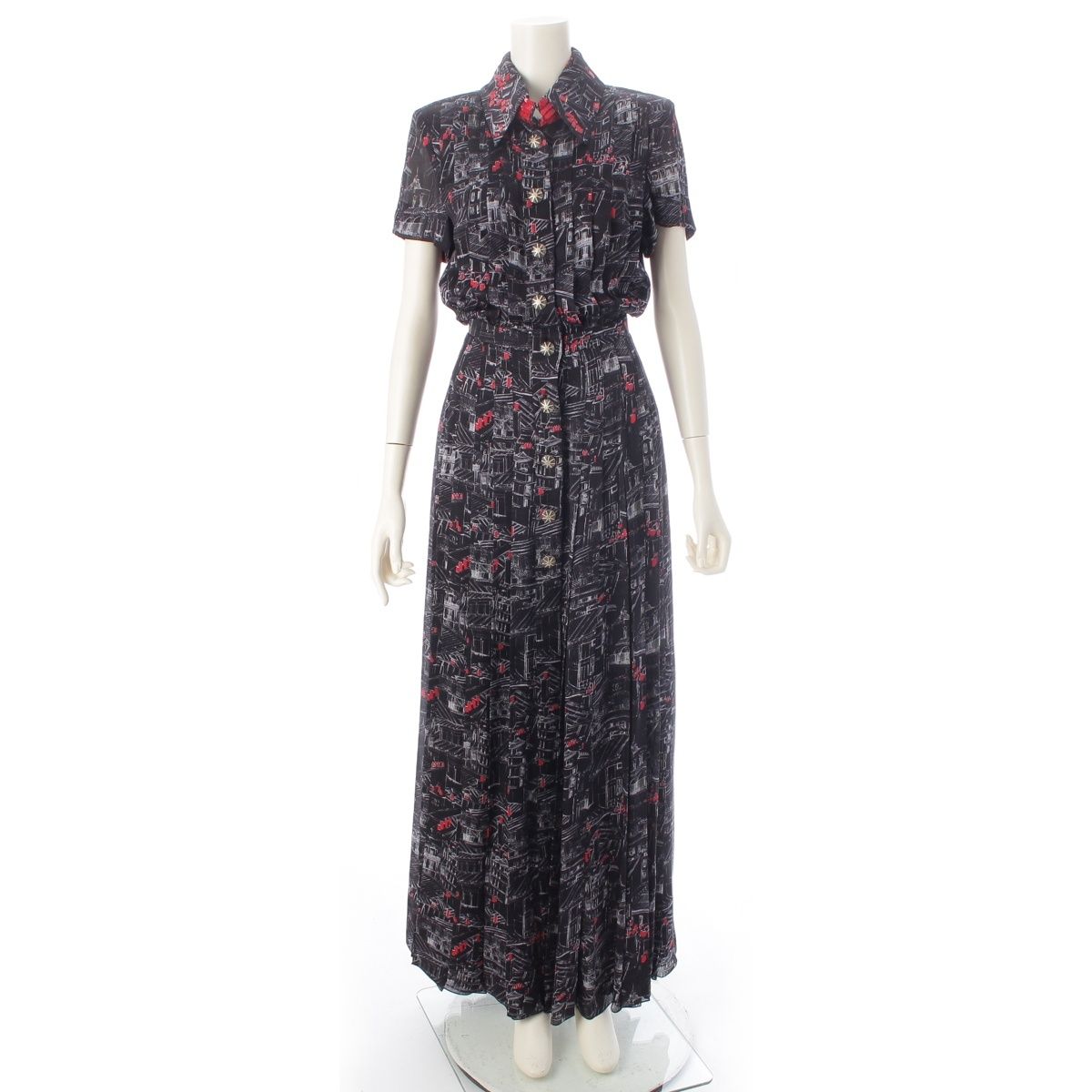 シャネル 20S シルク スパンコール 総柄 ワンピース ドレス 332/333 セット P63992 ブラック レッド 34【中古】