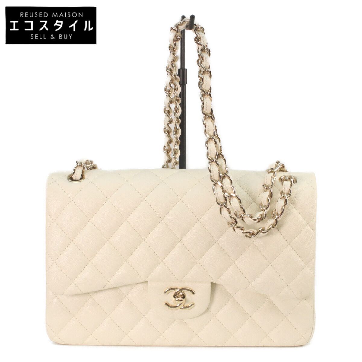 CHANEL　シャネル　A58600 アイボリー キャビア ゴールド金具 ダブルフラップ デカマトラッセ30　30