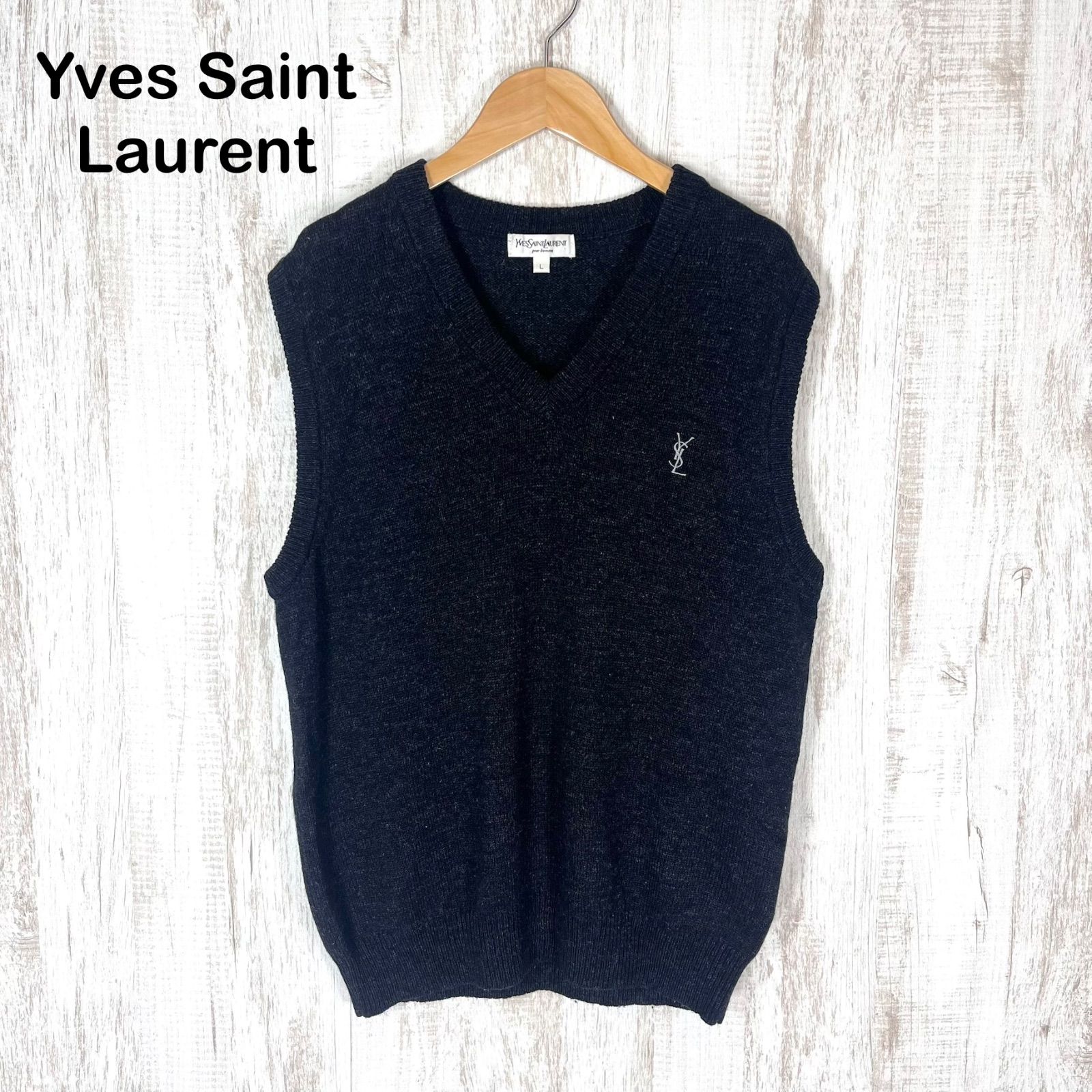 YSL Yves Saint Laurent イブサンローラン カサンドラロゴ刺繍 Vネック ウール ニットベスト ブラック