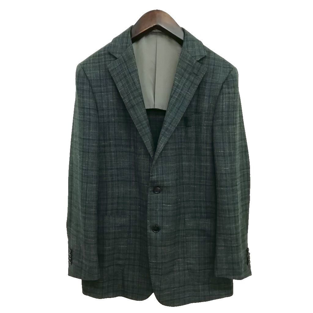 バーニーズニューヨーク BARNEYS NEW YORK MADISON ゼニア生地 チェック 段返り 3B ジャケット テーラード ブレザー シルク リネン混 46 ダークグリーン系
