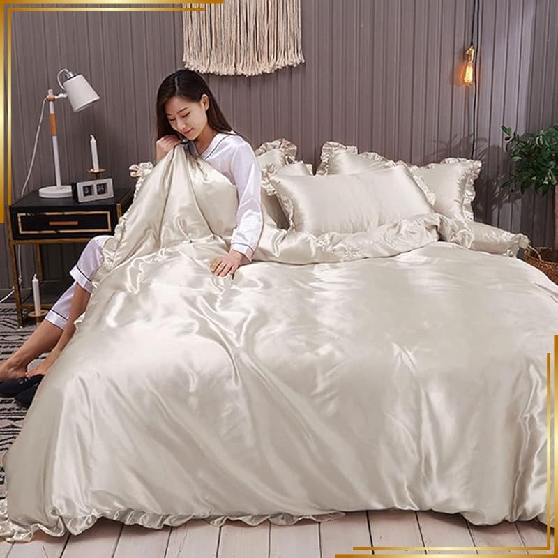 【新品】 布団カバー セット 涼感 おしゃれ ツルツル ボックスシーツ 冷感 夏用 シルクみたい サテン ツヤ 光沢 シングル セミダブル レーヨン 柔らか 可愛い 布団カバーセットフリル付き 優しい 肌触り 寝具 掛布団 おしゃれ 北欧 まくら 丸洗いOK