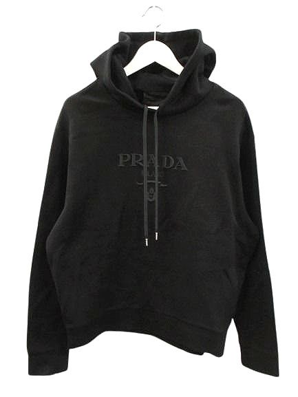 プラダ PRADA ロゴ エンブロイダリー パーカー M 黒 ブラック 長袖 プルオーバー トップス ☆AA★