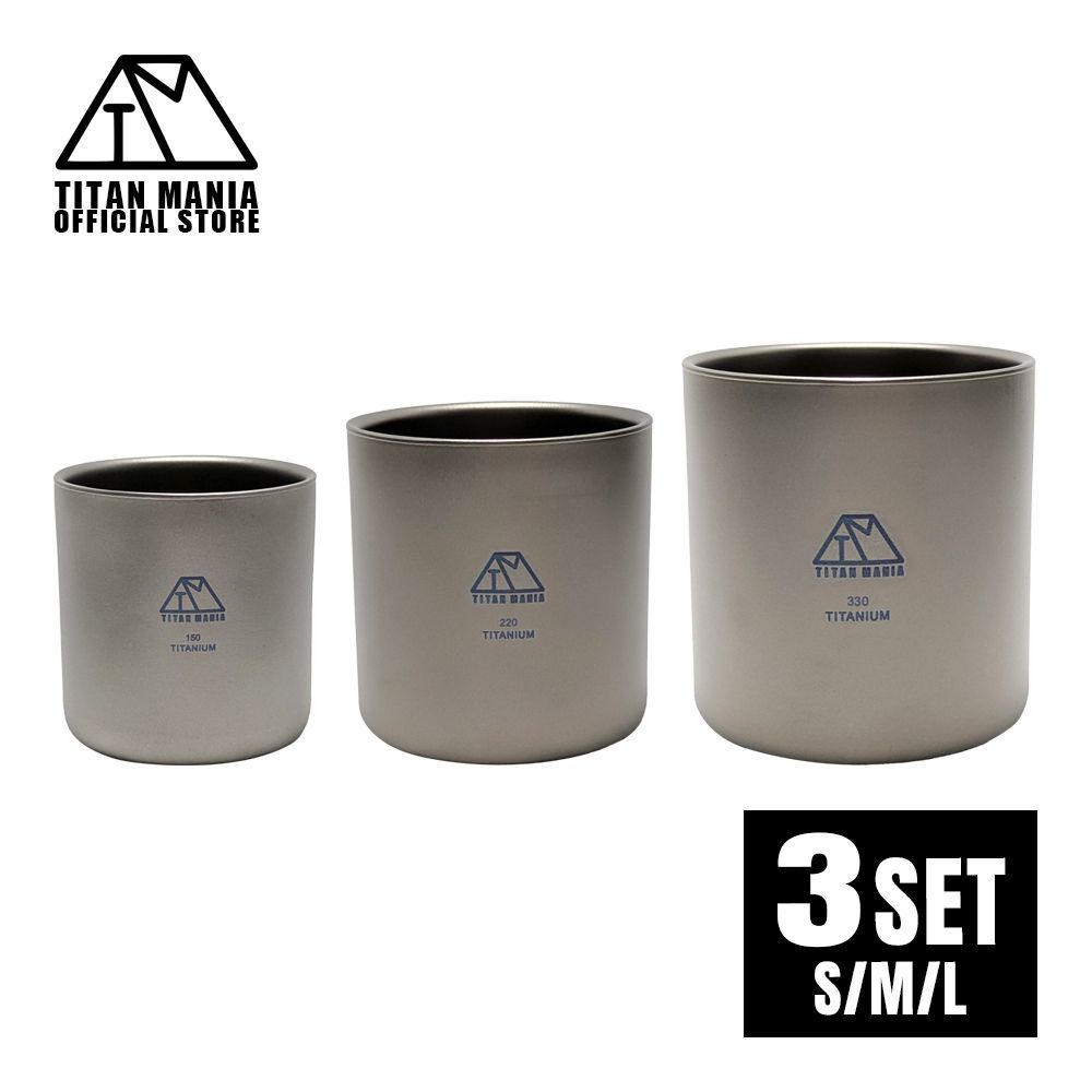 TITAN MANIA チタンマニア ダブルウォールカップ 3点セット チタン製 二重構造 超軽量 頑丈 スタッキングマグ カップ 湯呑 食器 ソロキャンプ BBQ バーベキュー アウトドア キャンプ用品 収納袋付き