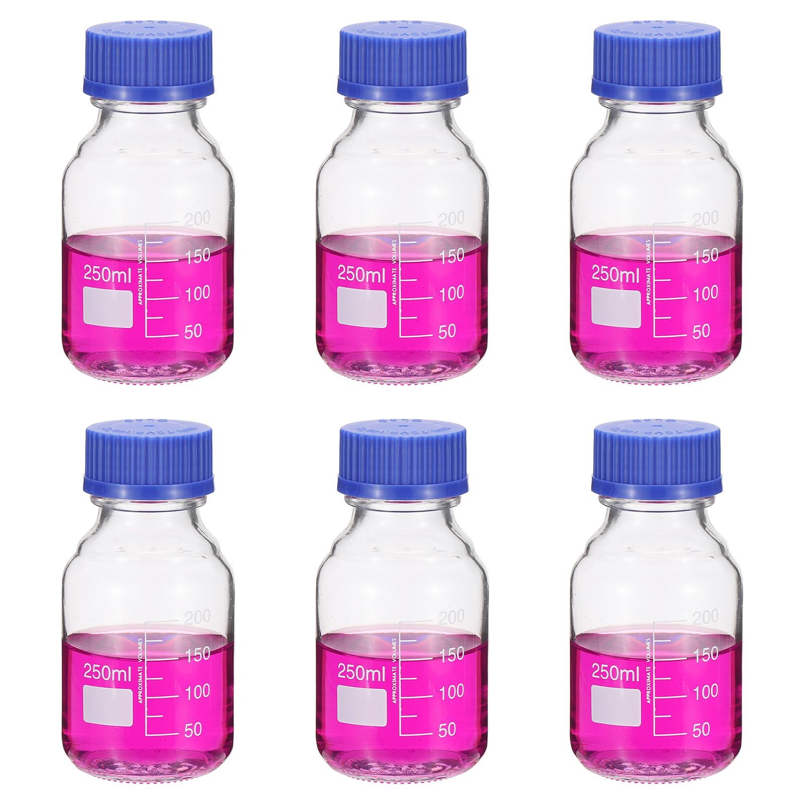 新品 PATIKIL 6個セット 試薬保存ボトル 250ml ホウケイ酸 ガラス 目盛り付き 丸型 ボトル GL32 ブルー ねじ込み キャップ 付き 実験室 用水 試薬 液体用 透明