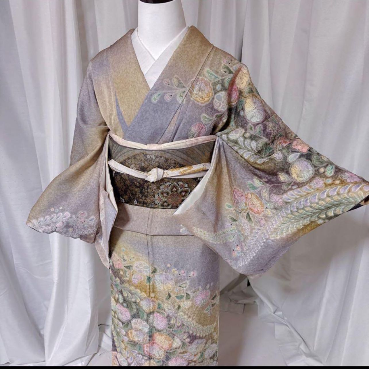 逸品 作家落款 辻ヶ花訪問着フルセット 正絹 銀通し 暈し トール 裄丈