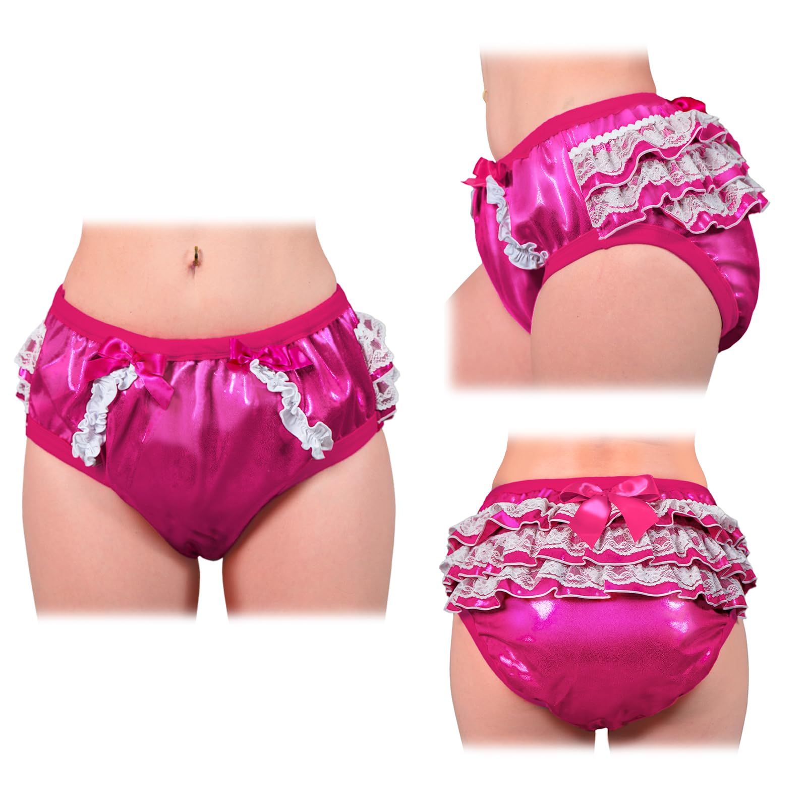 新品 LittleForBig大人単体で使えるトレーニングパンツ キラキラ光る【お姫様スカート】バックに3層重ねレースフリル 大きなリボン飾り ストレッチウェスト 防水・漏れ防止 洗濯可 ローズ M