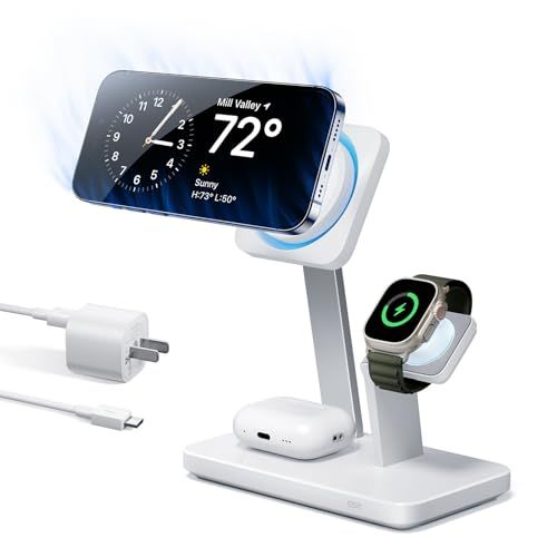 ESR 25W 3in1 MagSafe充電器 Apple認定磁気ワイヤレス充電器 CryoBoost冷却ファン付き 充電スタンド iPhone 17e/17/16/15/14/13/12/Apple Watch/AirPods 4/3/AirPods Pas
