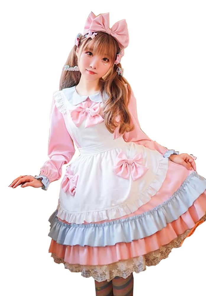 新品 [尚基製造] メイド 服 ゴスロリ 萌え コスプレ 衣装 フリル ロリータ カチューシャ 付き 4点 セット 清楚 可憐 ウェイトレス レディース ドレス 喫茶店 遊園地 可愛いメイド服 コスプレ 衣装 長袖 (2XL ピンク)