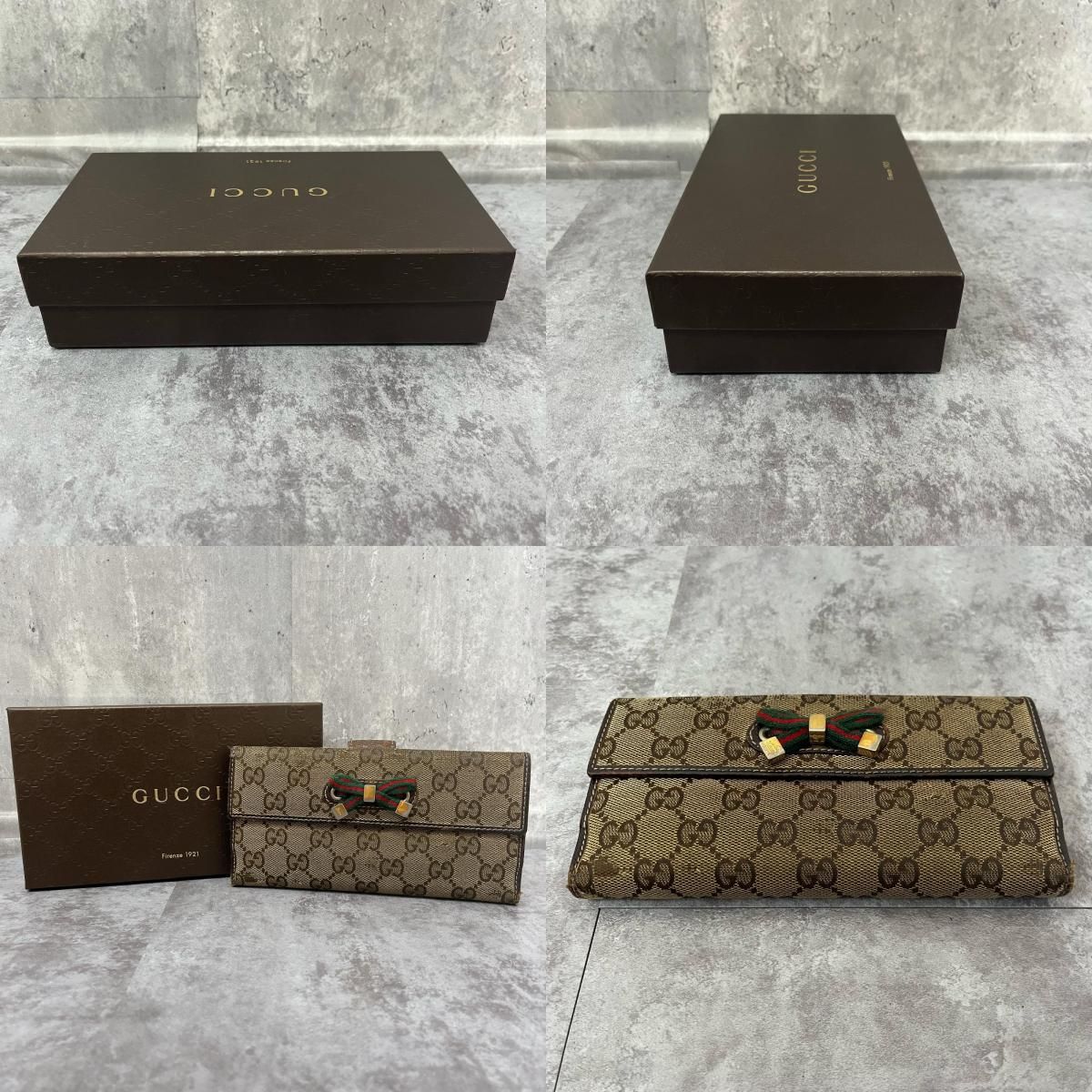GUCCI】グッチ 箱付き GGキャンバス長財布 リボンモチーフ レザー 