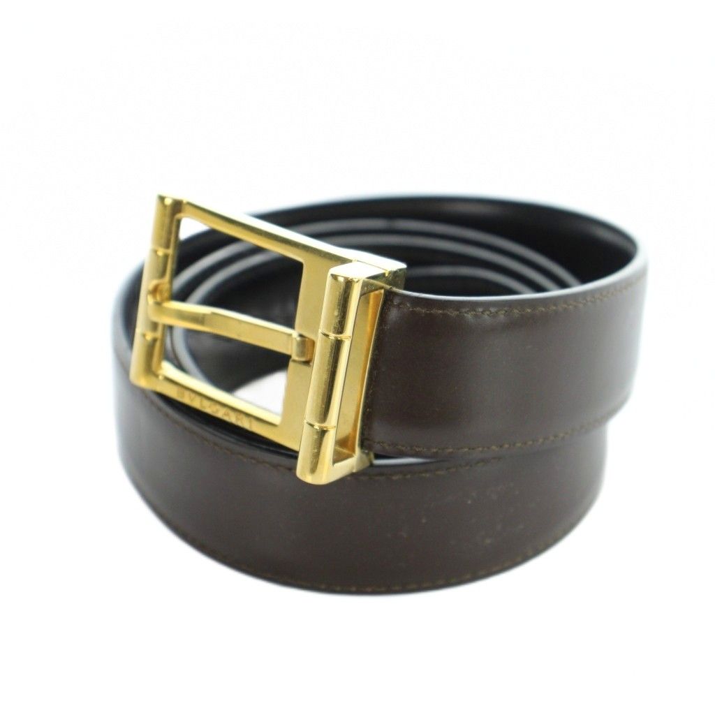【美品】ブルガリ　ベルト　レザー　ブラウン　ゴールド金具　スクエア　刻印 ブルガリ BVLGARI ベルト ゴールド金具 ロゴ レザー ベルト社外品 茶