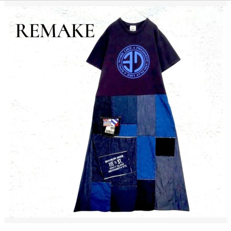 リメイク デニム ワンピース【L~XL】古着 Tシャツ ハンドメイド パッチワーク ドッキングワンピース ロングワンピース 再構築