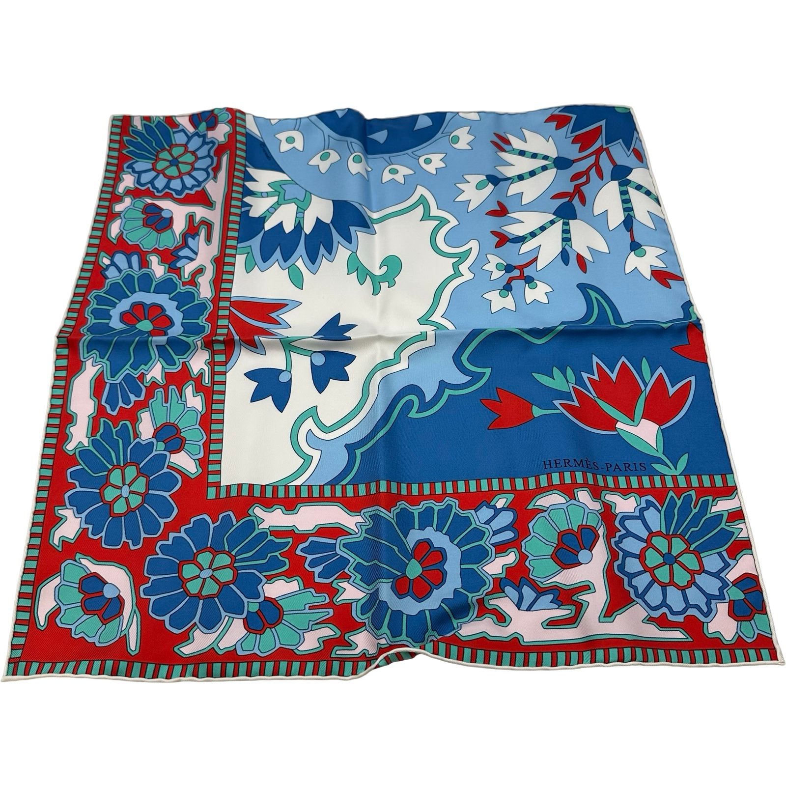 エルメス HERMES カレ45 PAISLEY ブルー/レッド/ホワイト シルク レディース スカーフ