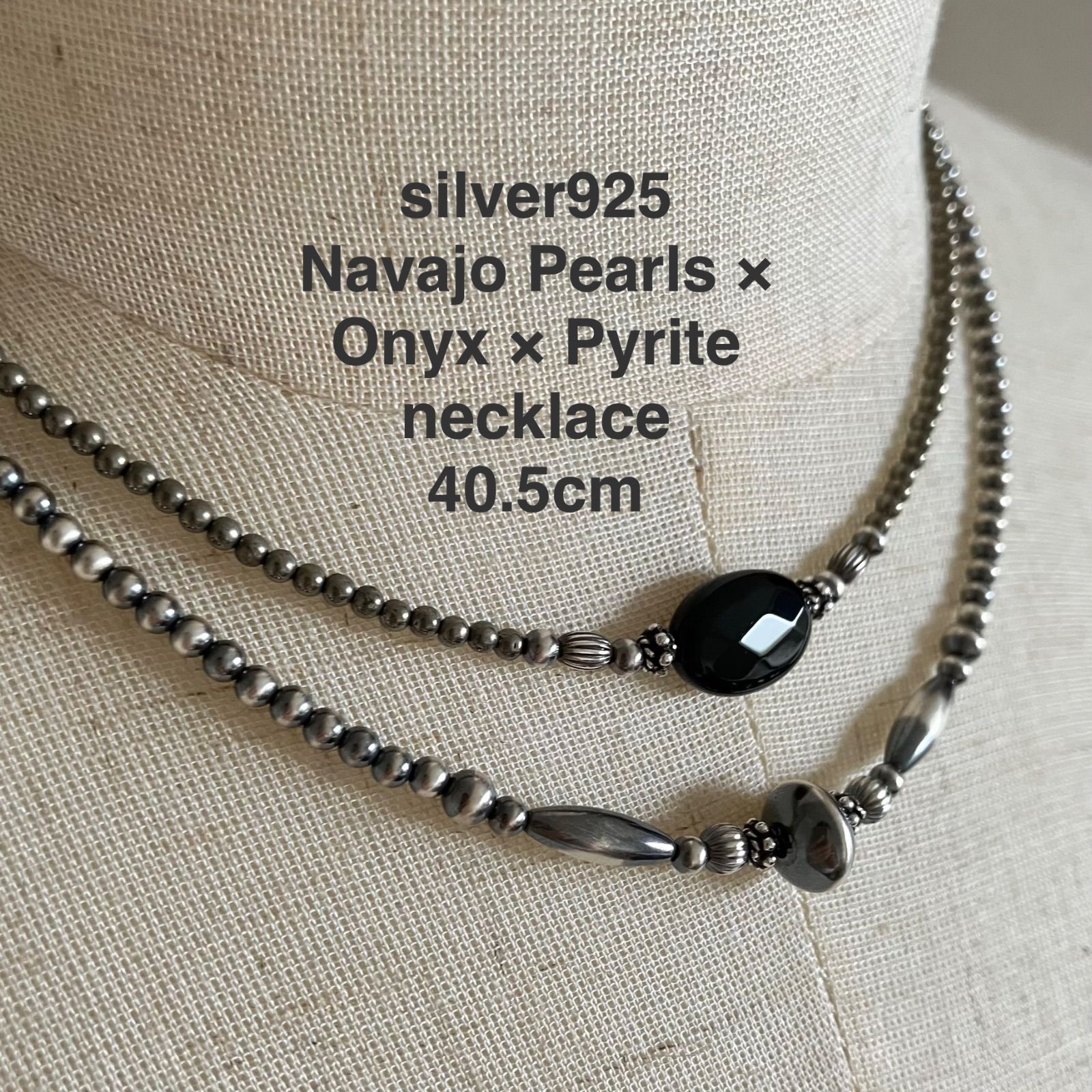silver925 ナバホパール×オニキス ×2mm パイライトのネックレス 40.5cm 