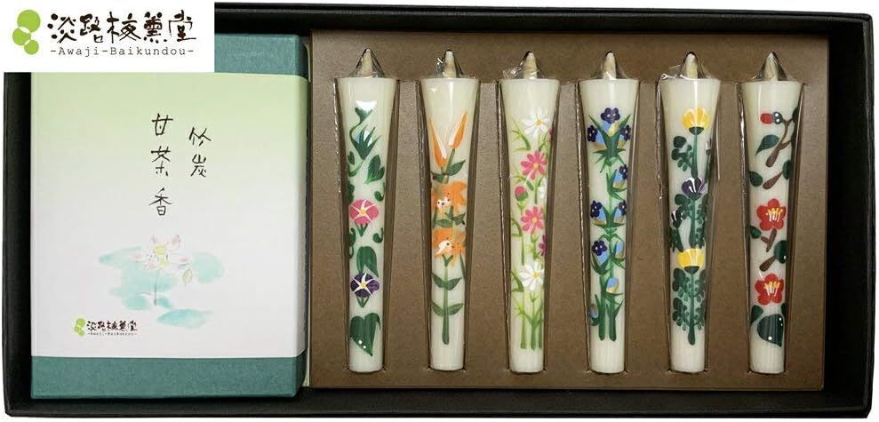 Awaji Baikundoの花ろうそく煙の少ないIncense Sticksセット ご進物用 贈り物 贈答用 手描き 御供え物 竹炭甘茶香25ｇと手書き絵ロー