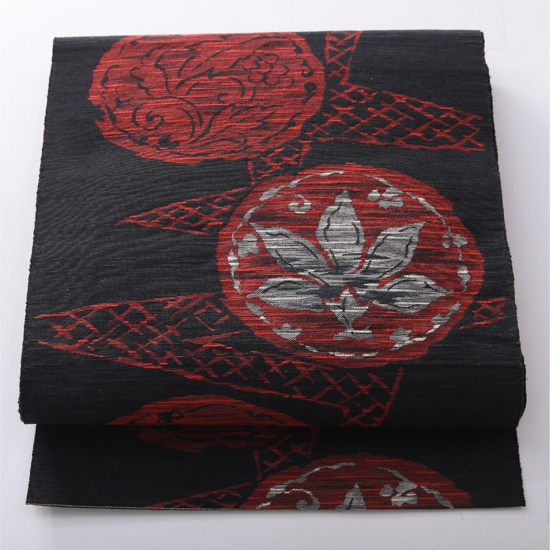 お買い得品!八寸名古屋帯 Aランク 帯丈325cm 正絹 六通 松葉仕立て 織り カジュアル 紬 唐草華文 黒系 RP 1245-03944