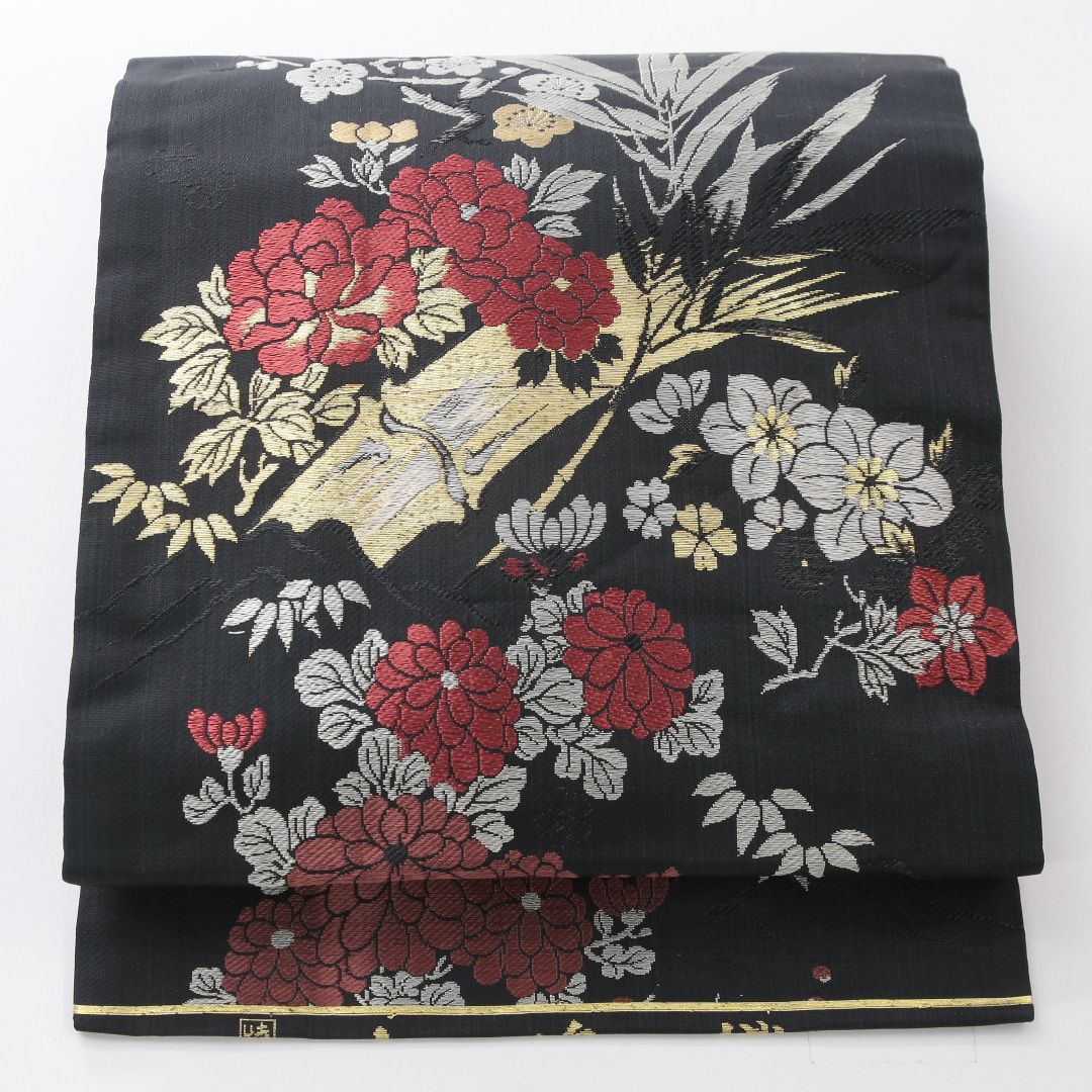お買い得品!アンティーク 九寸名古屋帯 Aランク 帯丈342cm 正絹 六通 名古屋仕立て 織り 大島織 菊 竹 牡丹 黒系 RP 1245-03970