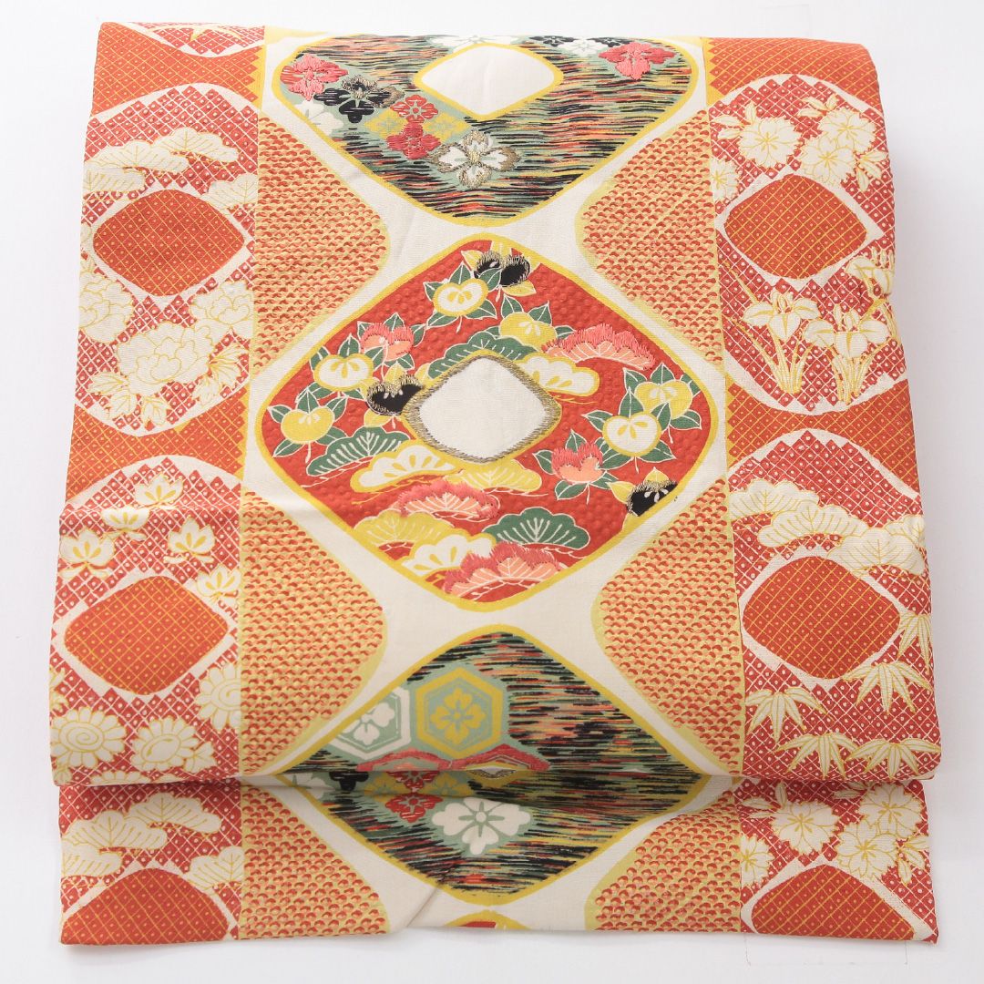お買い得品！アンティーク 九寸名古屋帯 Aランク 帯丈321cm 正絹 全通 名古屋仕立て 染め 花菱 橘 朱系 RP 1245-03977